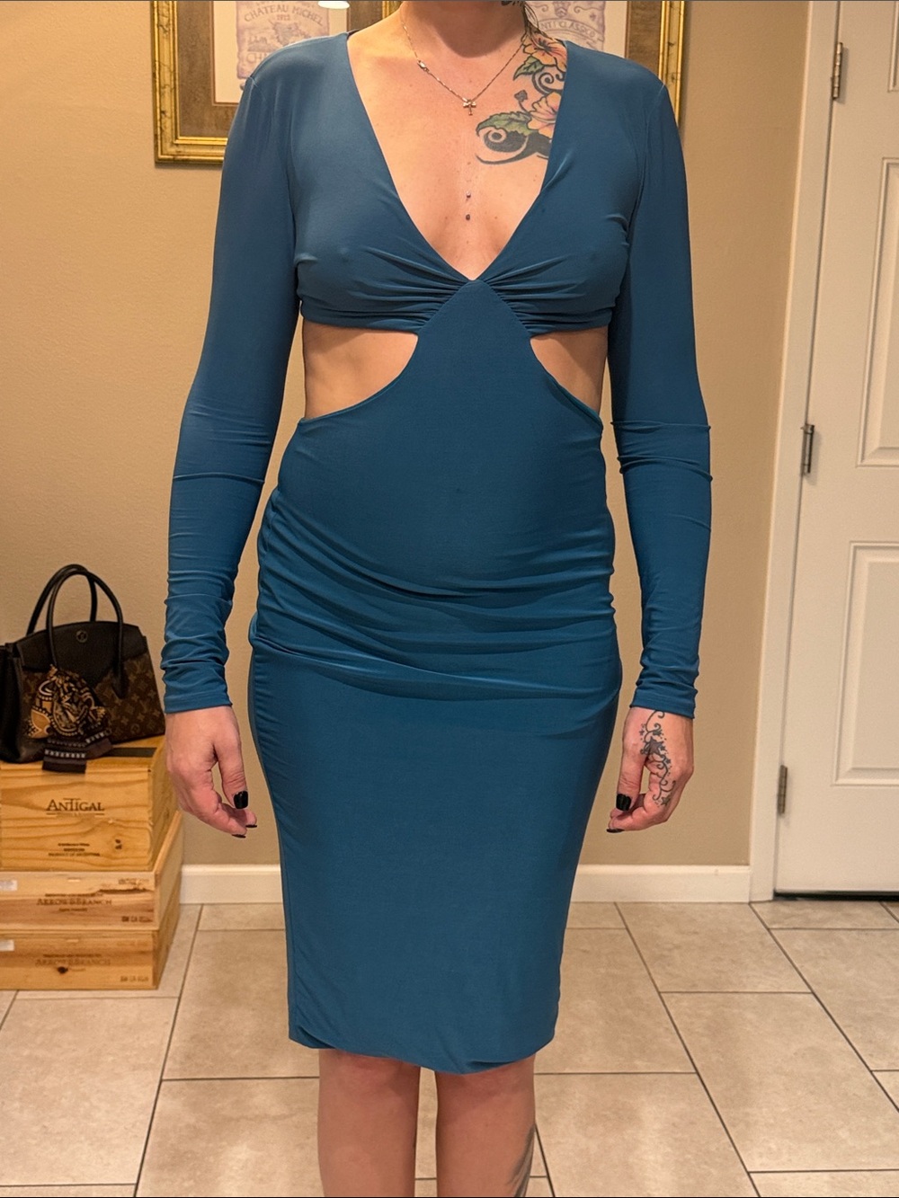 Fashion Nova Teal Long-Sleeve Cutout Midi Dress